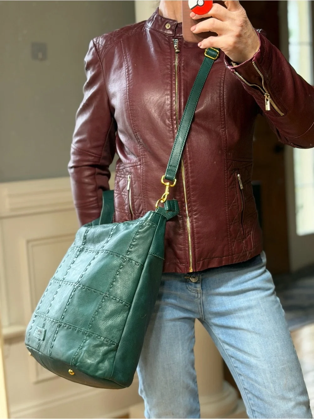 American Leather Co Boho Hunter Green Patchwork Leather Satchel/Crossbody (EUC)